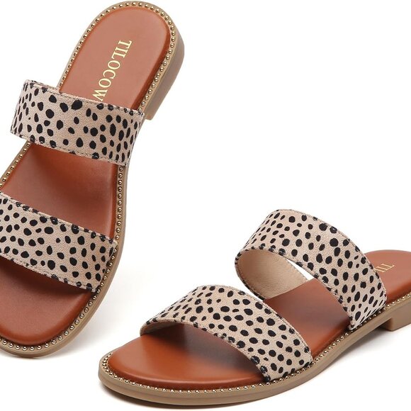 Women's Flat Sandals Synthetic Two Strap Rivet Casual Summer Shoes - Picture 1 of 6